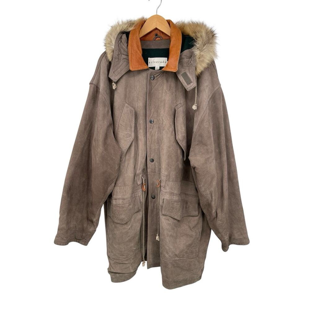 Vintage Silverado Leather Coat Coyote Fur Trim Wool Lining Drawstring Waist L